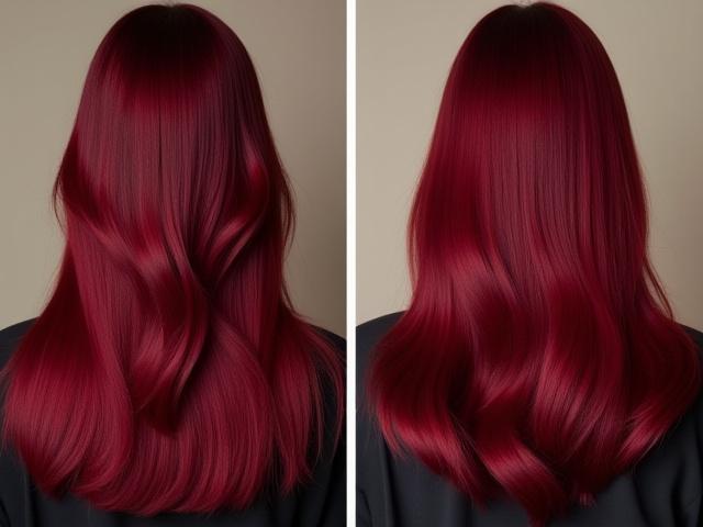 Gambar sebelum dan selepas pewarnaan rambut penuh warna merah burgundy.