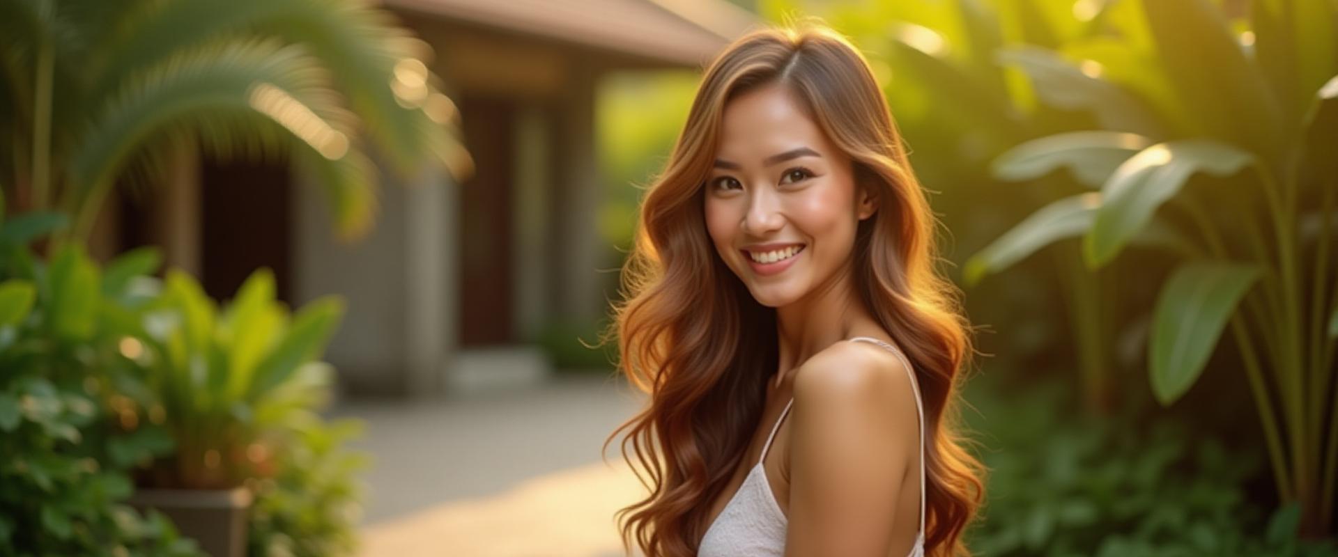 Seorang wanita tersenyum gembira dengan rambutnya yang telah digayakan dengan sempurna di Pulau Jelita Langkawi.