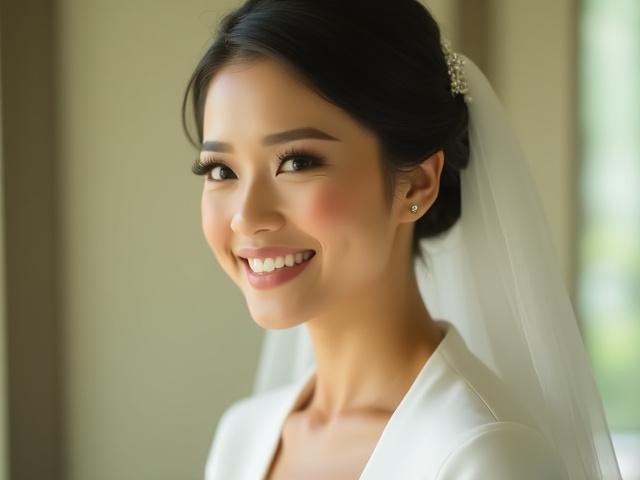 Pengantin yang gembira dengan solekan sempurna di Pulau Jelita