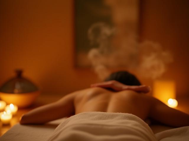 Suasana urutan badan yang tenang dengan lilin aromaterapi