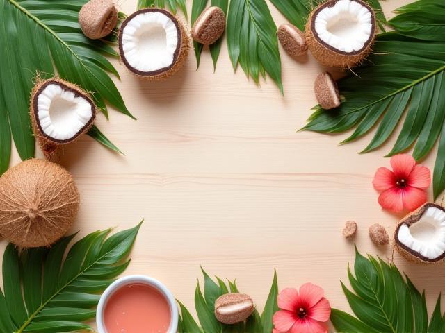 Bahan-bahan semula jadi seperti kelapa, pandan, dan bunga raya disusun cantik di atas meja kayu, sedia untuk digunakan dalam rawatan spa.