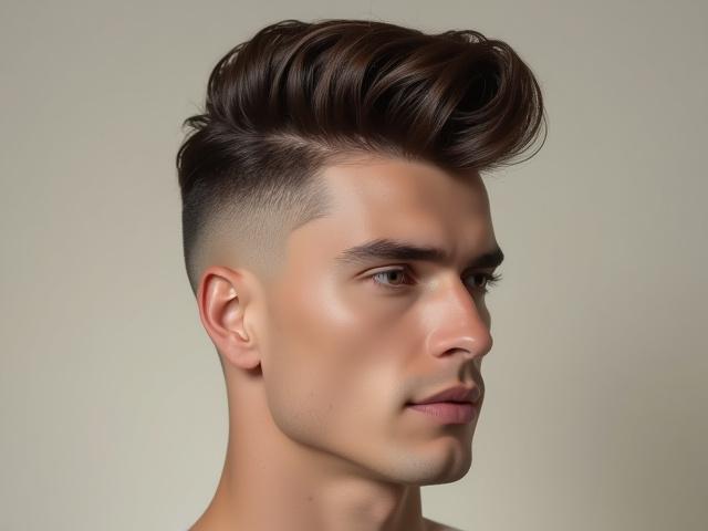 Gaya pompadour moden dengan sisi yang rapi.
