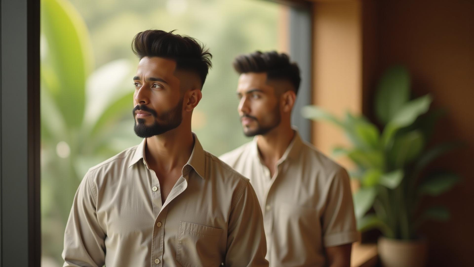 Seorang lelaki bergaya dengan potongan rambut fade kemas dan janggut terurus di Pulau Jelita.