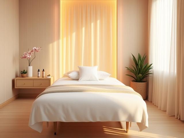 Bilik rawatan spa yang tenang dan bersih dengan pencahayaan lembut, katil rawatan yang selesa, dan tumbuhan hiasan.