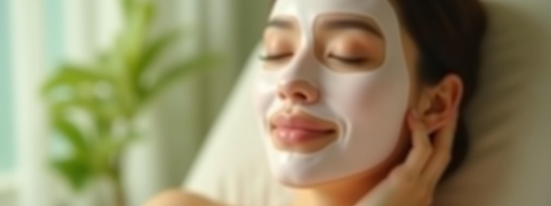 Seorang wanita dengan mata terpejam sedang menikmati rawatan muka, kulitnya kelihatan lembap dan berseri di persekitaran yang tenang.
