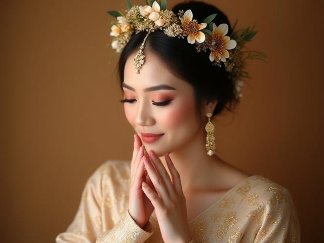Pengantin Melayu dengan solekan tradisional yang halus dan hiasan kepala