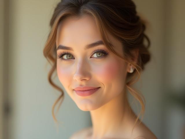 Pengantin dengan dandanan rambut sanggul modern dan solekan mata yang menawan