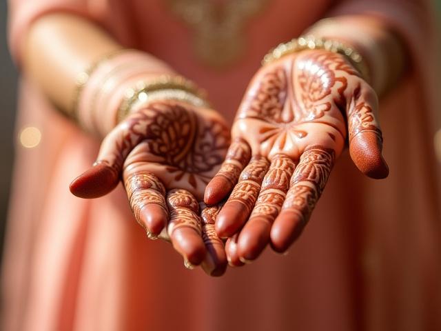 Pengantin dengan rekaan henna tangan yang rumit dan cantik
