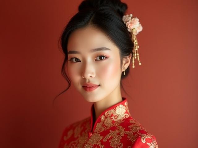 Pengantin Cina dengan pakaian tradisional dan solekan lembut