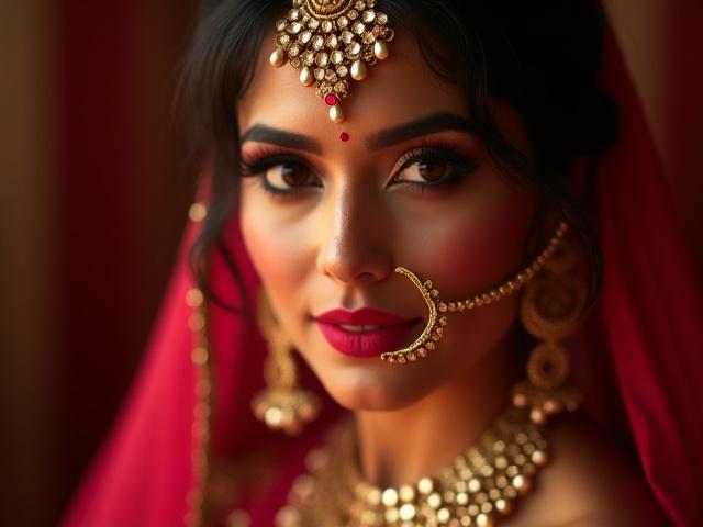 Pengantin India dengan solekan mata smokey dan perhiasan dahi yang mewah