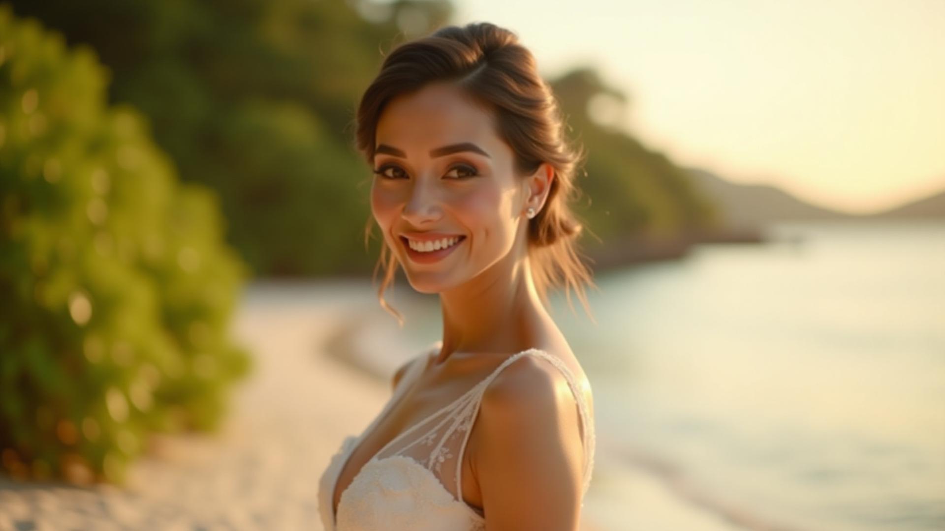 Pengantin wanita yang cantik dan berseri di tepi pantai Langkawi