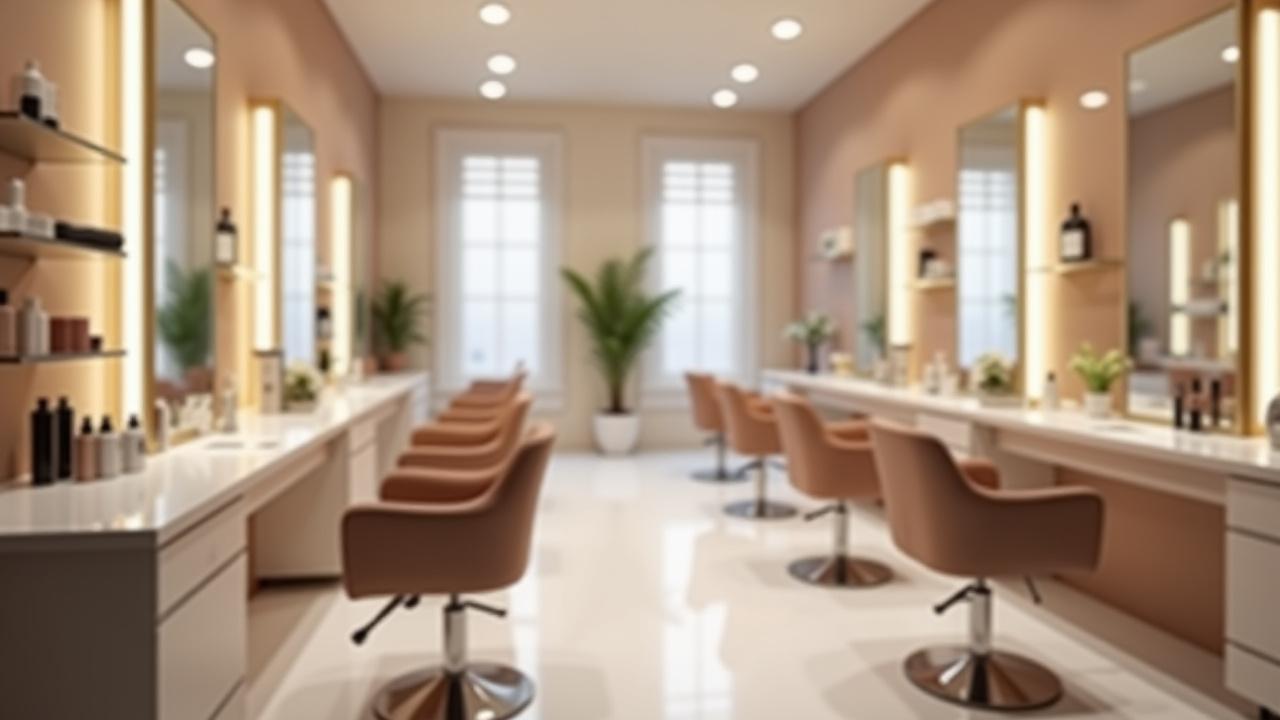 Stesen penggayaan rambut moden dengan cermin besar dan kerusi yang selesa