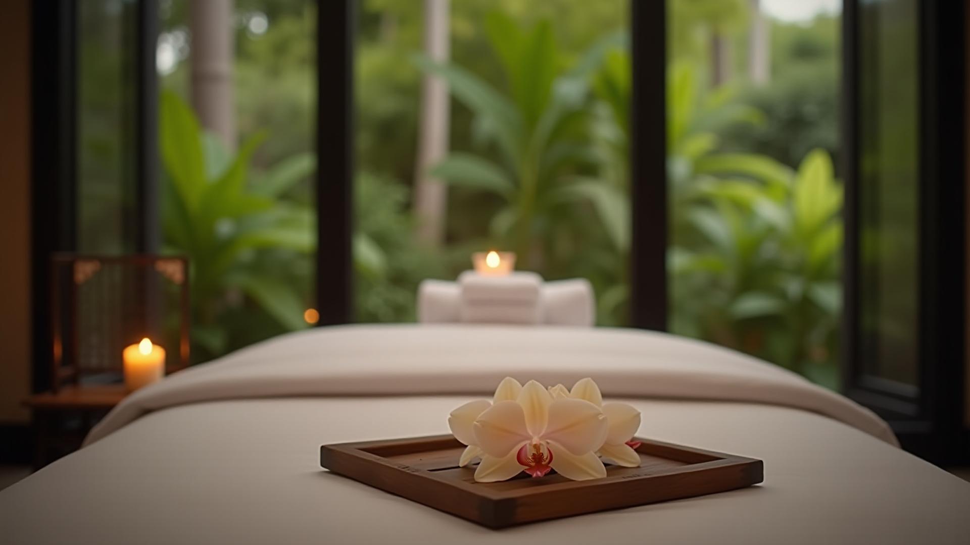 Bilik urut spa yang tenang dengan katil urut, tuala putih, bunga orkid, dan pencahayaan lembut.