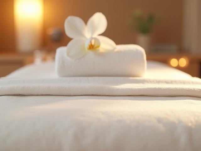 Katil urut yang bersih dan selesa dengan tuala yang dilipat rapi.