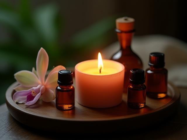 Lilin aromaterapi menyala dengan minyak urut dan hiasan orkid.